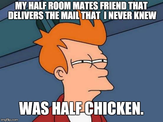 Futurama Fry Meme | MY HALF ROOM MATES FRIEND THAT DELIVERS THE MAIL THAT  I NEVER KNEW WAS HALF CHICKEN. | image tagged in memes,futurama fry | made w/ Imgflip meme maker