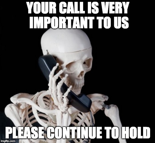 Skeleton on phone |  YOUR CALL IS VERY IMPORTANT TO US; PLEASE CONTINUE TO HOLD | image tagged in skeleton on phone | made w/ Imgflip meme maker