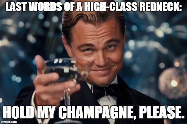 Leonardo Dicaprio Cheers Meme | LAST WORDS OF A HIGH-CLASS REDNECK:; HOLD MY CHAMPAGNE, PLEASE. | image tagged in memes,leonardo dicaprio cheers | made w/ Imgflip meme maker