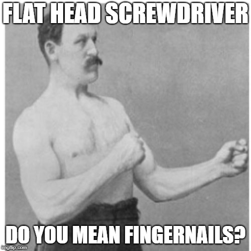 Overly Manly Man | FLAT HEAD SCREWDRIVER; DO YOU MEAN FINGERNAILS? | image tagged in memes,overly manly man,AdviceAnimals | made w/ Imgflip meme maker