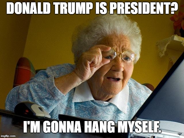 Grandma Finds The Internet Meme | DONALD TRUMP IS PRESIDENT? I'M GONNA HANG MYSELF. | image tagged in memes,grandma finds the internet | made w/ Imgflip meme maker