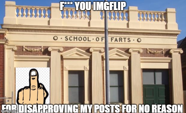 Stop bullying me, Imgflip! | F*** YOU IMGFLIP; FOR DISAPPROVING MY POSTS FOR NO REASON | image tagged in school of farts,middle finger,farts,f you | made w/ Imgflip meme maker