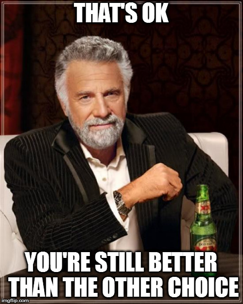 The Most Interesting Man In The World Meme | THAT'S OK YOU'RE STILL BETTER THAN THE OTHER CHOICE | image tagged in memes,the most interesting man in the world | made w/ Imgflip meme maker