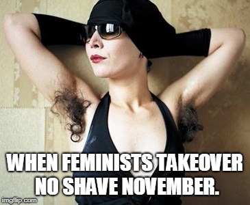 no shave november | WHEN FEMINISTS TAKEOVER NO SHAVE NOVEMBER. | image tagged in no shave november | made w/ Imgflip meme maker