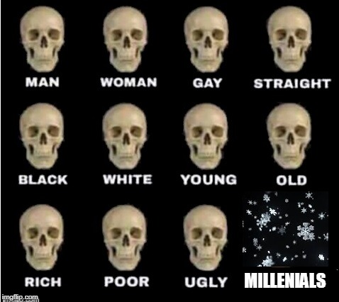Millenial Skull | MILLENIALS | image tagged in idiot skull,millenials,snowflakes | made w/ Imgflip meme maker