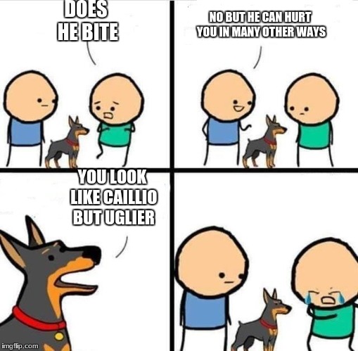 Dog Hurt Comic | DOES HE BITE; NO BUT HE CAN HURT YOU IN MANY OTHER WAYS; YOU LOOK LIKE CAILLIO BUT UGLIER | image tagged in dog hurt comic | made w/ Imgflip meme maker