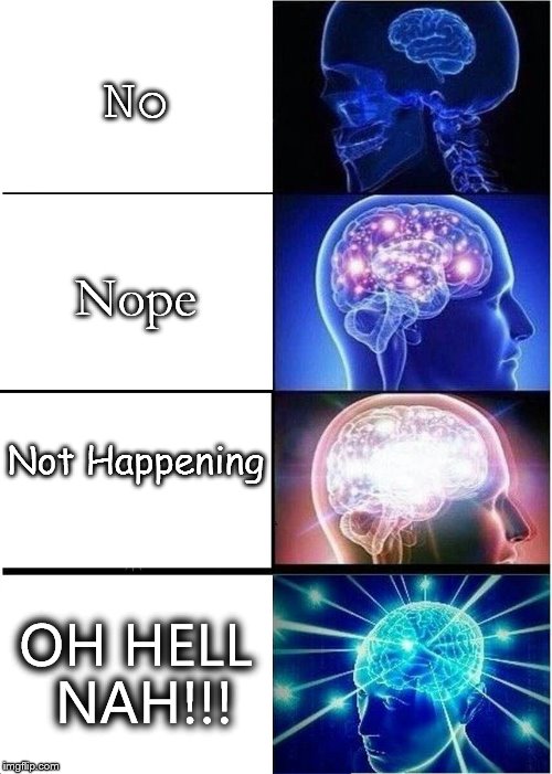 Expanding Brain Meme | No; Nope; Not Happening; OH HELL NAH!!! | image tagged in memes,expanding brain | made w/ Imgflip meme maker