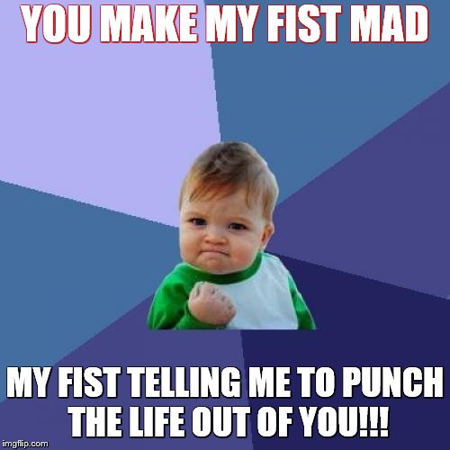 Success Kid | YOU MAKE MY FIST MAD; MY FIST TELLING ME TO PUNCH THE LIFE OUT OF YOU!!! | image tagged in memes,success kid | made w/ Imgflip meme maker