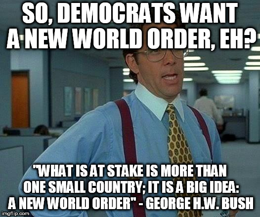 That Would Be Great | SO, DEMOCRATS WANT A NEW WORLD ORDER, EH? "WHAT IS AT STAKE IS MORE THAN ONE SMALL COUNTRY; IT IS A BIG IDEA: A NEW WORLD ORDER" - GEORGE H.W. BUSH | image tagged in memes,that would be great,illuminati,new world order,george bush,democrats | made w/ Imgflip meme maker