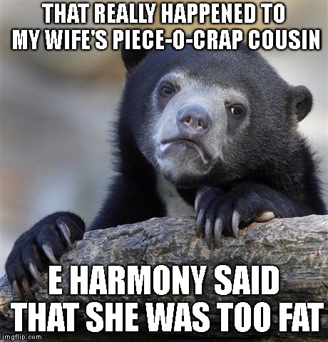 Confession Bear Meme | THAT REALLY HAPPENED TO MY WIFE'S PIECE-O-CRAP COUSIN E HARMONY SAID THAT SHE WAS TOO FAT | image tagged in memes,confession bear | made w/ Imgflip meme maker
