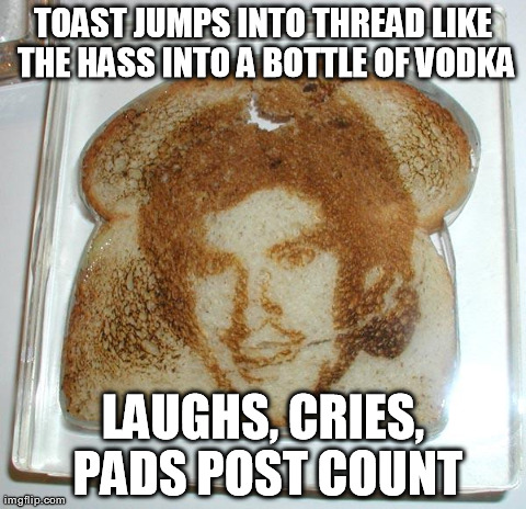 TOAST JUMPS INTO THREAD LIKE THE HASS INTO A BOTTLE OF VODKA LAUGHS, CRIES, PADS POST COUNT | made w/ Imgflip meme maker