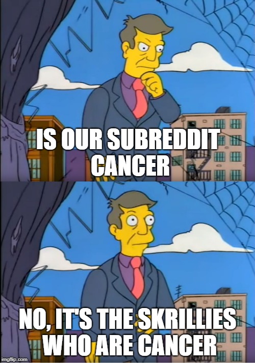 Skinner Out Of Touch | IS OUR SUBREDDIT CANCER; NO, IT'S THE SKRILLIES WHO ARE CANCER | image tagged in skinner out of touch | made w/ Imgflip meme maker