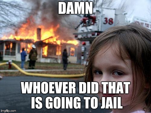 Disaster Girl | DAMN; WHOEVER DID THAT IS GOING TO JAIL | image tagged in memes,disaster girl | made w/ Imgflip meme maker