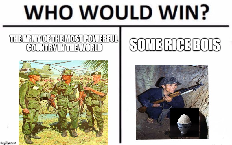 Who Would Win? Meme | THE ARMY OF THE MOST POWERFUL COUNTRY IN THE WORLD; SOME RICE BOIS | image tagged in memes,who would win | made w/ Imgflip meme maker