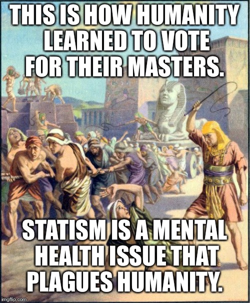Slave driving | THIS IS HOW HUMANITY LEARNED TO VOTE FOR THEIR MASTERS. STATISM IS A MENTAL HEALTH ISSUE THAT PLAGUES HUMANITY. | image tagged in slave driving | made w/ Imgflip meme maker