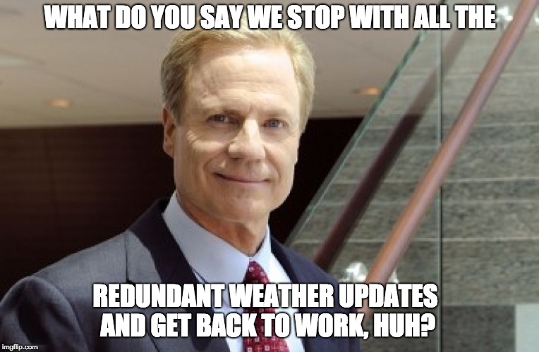 WHAT DO YOU SAY WE STOP WITH ALL THE; REDUNDANT WEATHER UPDATES AND GET BACK TO WORK, HUH? | image tagged in capital one,slack,rich fairbank | made w/ Imgflip meme maker