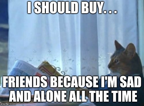 I Should Buy A Boat Cat Meme | I SHOULD BUY. . . FRIENDS BECAUSE I'M SAD AND ALONE ALL THE TIME | image tagged in memes,i should buy a boat cat | made w/ Imgflip meme maker