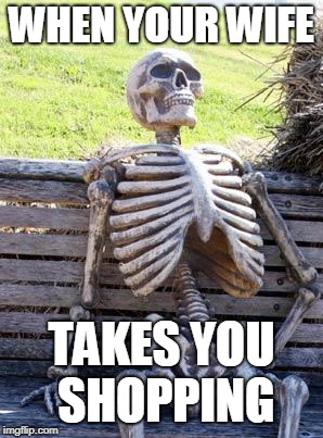 Wife Memes | WHEN YOUR WIFE; TAKES YOU SHOPPING | image tagged in memes,waiting skeleton | made w/ Imgflip meme maker