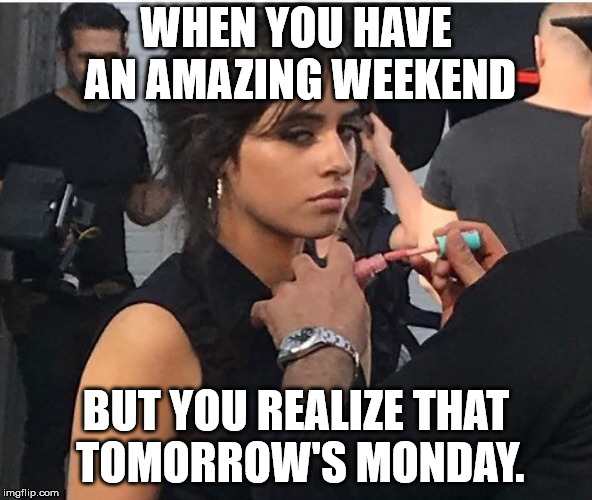 Camila Cabello is not impressed | WHEN YOU HAVE AN AMAZING WEEKEND; BUT YOU REALIZE THAT TOMORROW'S MONDAY. | image tagged in memes,not impressed | made w/ Imgflip meme maker