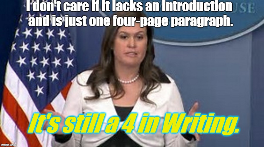 sarah huckabee sanders  | I don't care if it lacks an introduction and is just one four-page paragraph. It's still a 4 in Writing. | image tagged in sarah huckabee sanders | made w/ Imgflip meme maker