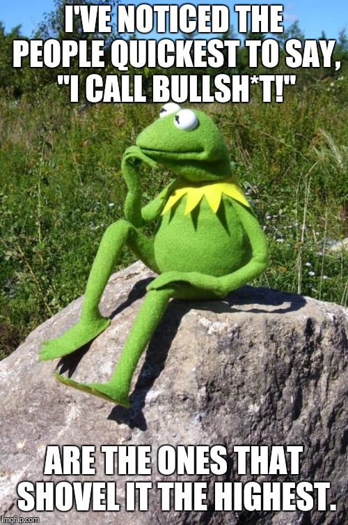 Kermit-thinking | I'VE NOTICED THE PEOPLE QUICKEST TO SAY, "I CALL BULLSH*T!"; ARE THE ONES THAT SHOVEL IT THE HIGHEST. | image tagged in kermit-thinking | made w/ Imgflip meme maker