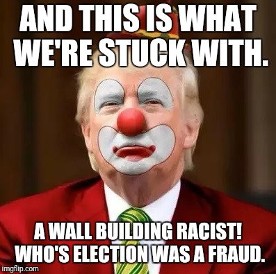 Donald Trump Clown | AND THIS IS WHAT WE'RE STUCK WITH. A WALL BUILDING RACIST! WHO'S ELECTION WAS A FRAUD. | image tagged in donald trump clown | made w/ Imgflip meme maker