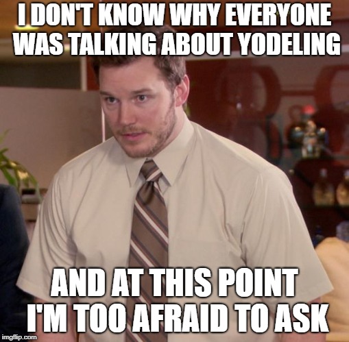 Afraid To Ask Andy Meme | I DON'T KNOW WHY EVERYONE WAS TALKING ABOUT YODELING; AND AT THIS POINT I'M TOO AFRAID TO ASK | image tagged in memes,afraid to ask andy | made w/ Imgflip meme maker