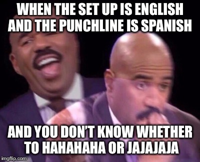 When your Spanish friends make a joke... | WHEN THE SET UP IS ENGLISH AND THE PUNCHLINE IS SPANISH; AND YOU DON’T KNOW WHETHER TO HAHAHAHA OR JAJAJAJA | image tagged in steve harvey laughing serious,reaction,steve harvey,laughing in spanish,funny memes | made w/ Imgflip meme maker