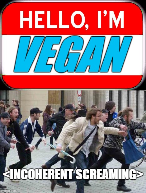 Next time someone tells me they're a vegan, you know what I'm doing! | VEGAN; <INCOHERENT SCREAMING> | image tagged in vegan,run away,dank memes,shooter | made w/ Imgflip meme maker