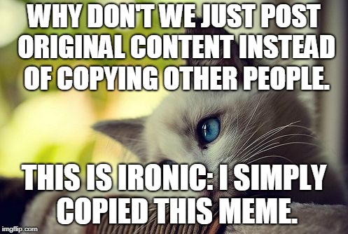 Why can't we just make memes? |  WHY DON'T WE JUST POST ORIGINAL CONTENT INSTEAD OF COPYING OTHER PEOPLE. THIS IS IRONIC: I SIMPLY COPIED THIS MEME. | image tagged in memes,first world problems cat,copying,dumb,yep | made w/ Imgflip meme maker