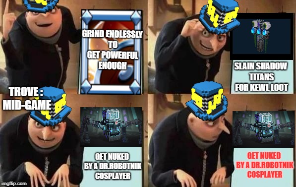 Trove : Mid-game experience... | GRIND ENDLESSLY TO GET POWERFUL ENOUGH; SLAIN SHADOW TITANS FOR KEWL LOOT; TROVE : MID-GAME; GET NUKED BY A DR.ROBOTNIK COSPLAYER; GET NUKED BY A DR.ROBOTNIK COSPLAYER | image tagged in gru's plan | made w/ Imgflip meme maker
