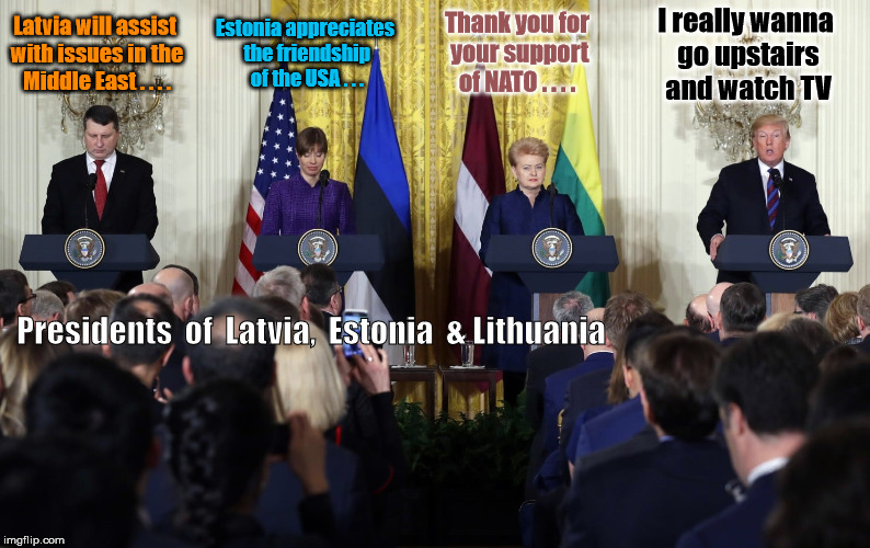 Donald with the Baltic Presidents | Estonia appreciates the friendship of the USA . . . Latvia will assist with issues in the Middle East . . . . I really wanna go upstairs and watch TV; Thank you for your support of NATO . . . . Presidents  of  Latvia,  Estonia  & Lithuania | image tagged in donald trump,trump meme,white house | made w/ Imgflip meme maker