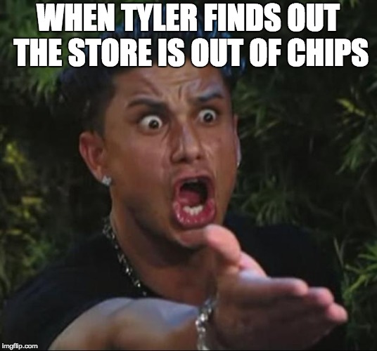 DJ Pauly D | WHEN TYLER FINDS OUT THE STORE IS OUT OF CHIPS | image tagged in memes,dj pauly d | made w/ Imgflip meme maker