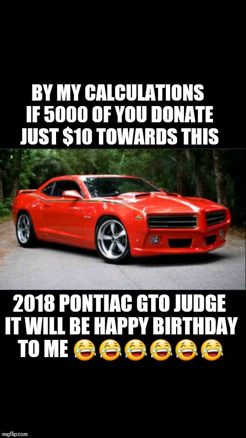 Here comes the judge  | BY MY CALCULATIONS IF 5000 OF YOU DONATE JUST $10 TOWARDS THIS; 2018 PONTIAC GTO JUDGE IT WILL BE HAPPY BIRTHDAY TO ME 😂😂😂😂😂😂 | image tagged in happy birthday | made w/ Imgflip meme maker