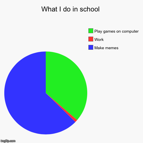 what i do in school | What I do in school | Make memes, Work, Play games on computer | image tagged in funny,pie charts | made w/ Imgflip chart maker