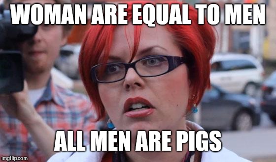 Angry Feminist | WOMAN ARE EQUAL TO MEN; ALL MEN ARE PIGS | image tagged in angry feminist | made w/ Imgflip meme maker