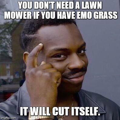 YOU DON'T NEED A LAWN MOWER IF YOU HAVE EMO GRASS IT WILL CUT ITSELF. | image tagged in thinking black guy | made w/ Imgflip meme maker