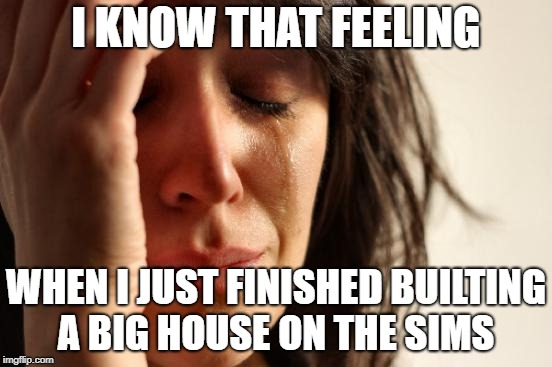 First World Problems Meme | I KNOW THAT FEELING WHEN I JUST FINISHED BUILTING A BIG HOUSE ON THE SIMS | image tagged in memes,first world problems | made w/ Imgflip meme maker