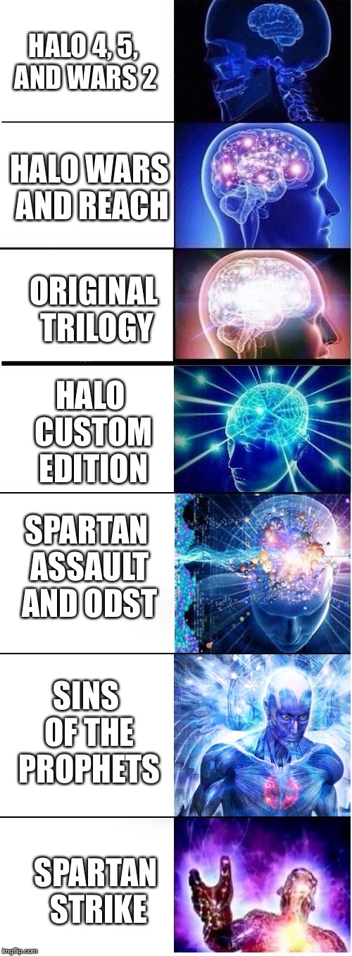 Expanding brain extended 2 | HALO 4, 5, AND WARS 2; HALO WARS AND REACH; ORIGINAL TRILOGY; HALO CUSTOM EDITION; SPARTAN ASSAULT AND ODST; SINS OF THE PROPHETS; SPARTAN STRIKE | image tagged in expanding brain extended 2 | made w/ Imgflip meme maker