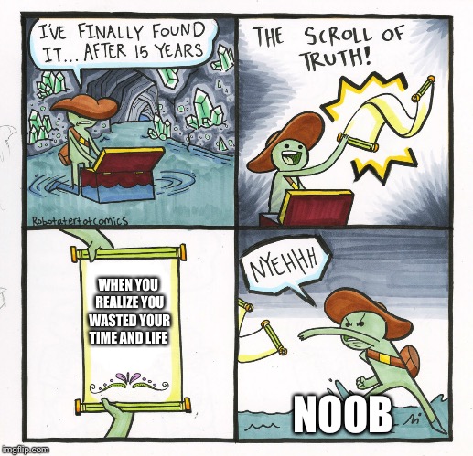 The Scroll Of Truth | WHEN YOU REALIZE YOU WASTED YOUR TIME AND LIFE; NOOB | image tagged in memes,the scroll of truth | made w/ Imgflip meme maker