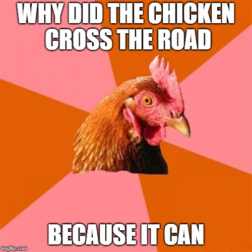 Yall thought i was gonna say to cross the road eh_chicken week !!! | WHY DID THE CHICKEN CROSS THE ROAD; BECAUSE IT CAN | image tagged in memes,anti joke chicken,ssby,chicken week,funny,repost | made w/ Imgflip meme maker