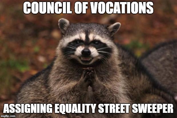 Council of vocations | COUNCIL OF VOCATIONS; ASSIGNING EQUALITY STREET SWEEPER | image tagged in evil genius racoon | made w/ Imgflip meme maker