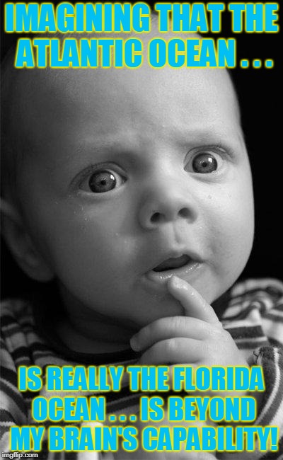Confused baby | IMAGINING THAT THE ATLANTIC OCEAN . . . IS REALLY THE FLORIDA OCEAN . . . IS BEYOND MY BRAIN'S CAPABILITY! | image tagged in confused baby | made w/ Imgflip meme maker