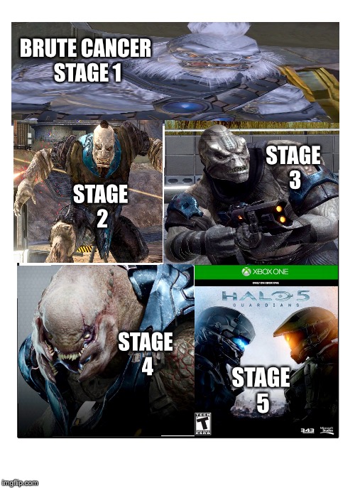 Stages of brute cancer | BRUTE CANCER STAGE 1; STAGE 3; STAGE 2; STAGE 4; STAGE 5 | image tagged in blank template,halo | made w/ Imgflip meme maker