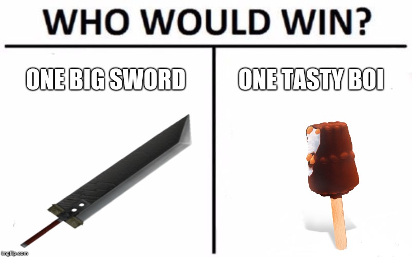 Who Would Win? Meme | ONE BIG SWORD; ONE TASTY BOI | image tagged in memes,who would win | made w/ Imgflip meme maker