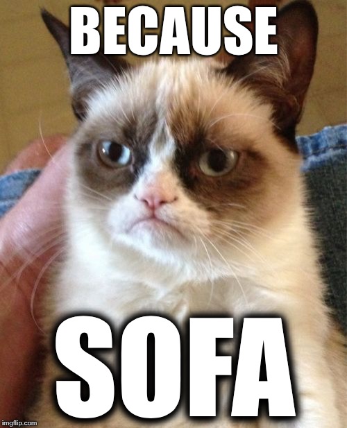 Grumpy Cat Meme | BECAUSE SOFA | image tagged in memes,grumpy cat | made w/ Imgflip meme maker