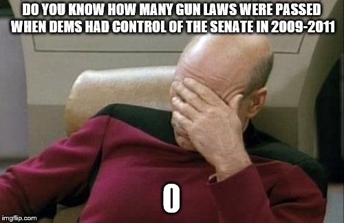Captain Picard Facepalm Meme | DO YOU KNOW HOW MANY GUN LAWS WERE PASSED WHEN DEMS HAD CONTROL OF THE SENATE IN 2009-2011 0 | image tagged in memes,captain picard facepalm | made w/ Imgflip meme maker