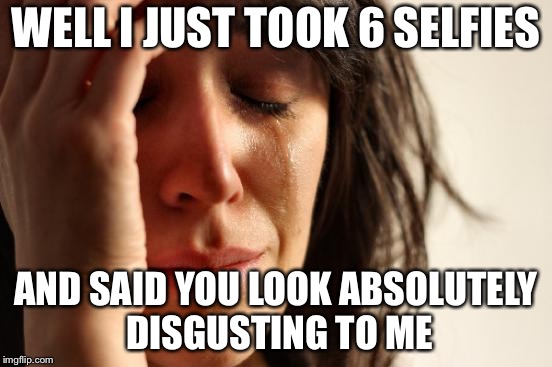 First World Problems Meme | WELL I JUST TOOK 6 SELFIES AND SAID YOU LOOK ABSOLUTELY DISGUSTING TO ME | image tagged in memes,first world problems | made w/ Imgflip meme maker