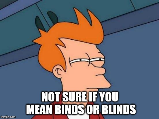 Futurama Fry Meme | NOT SURE IF YOU MEAN BINDS OR BLINDS | image tagged in memes,futurama fry | made w/ Imgflip meme maker