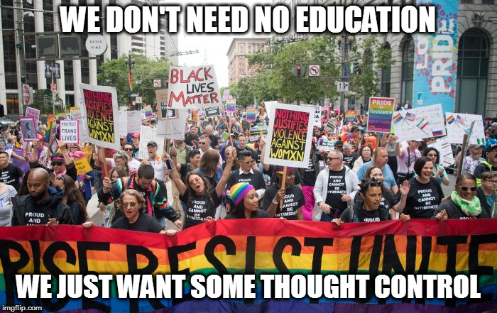Hey liberal teachers, leave them kids alone | WE DON'T NEED NO EDUCATION; WE JUST WANT SOME THOUGHT CONTROL | image tagged in memes,retarded liberal protesters,thinkpol,1984,pink floyd,the wall | made w/ Imgflip meme maker